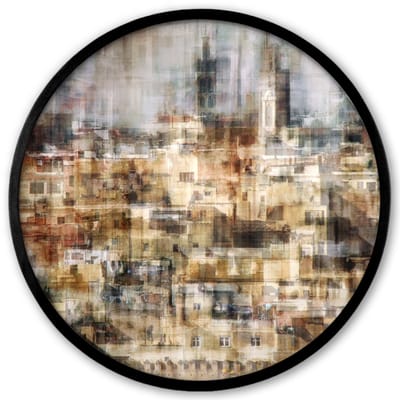 Poster in lijst Rond - Fotolijst 40x40 cm - Posters - Stad - Kunst - Huizen - Beige - Ronde posterlijst zwart - Decoratie - Wanddecoratie woonkamer - Muurdecoratie slaapkamer