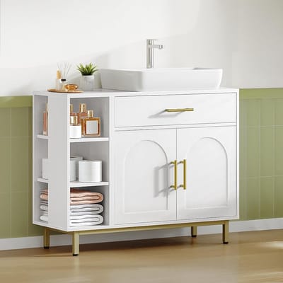 Wasbakmeubel voor de badkamer, extra lang 30 x 80 x 64 cm, met 1 lade, 2 kastdeuren en 3 open vakken, hoogte verstelbare planken, wit, modern design, ruimtebesparend, veelzijdig gebruik