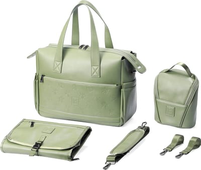 Brisby Slijtvaste Luiertas - Schoudertas - Weekendtas - incl. Buggy & Kinderwagen Haken - verschoonmatje en koeltas - PU Leer - Groen