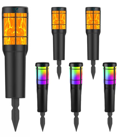 VibeXpert - Set van 4 Solar Tuinlampen met Vlam Effect en RGB – LED Tuinverlichting op Zonne-energie – Weerbestendig & Draadloos – Sfeerverlichting Buiten voor Tuin of pad