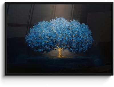 Poster in lijst - Fotolijst 120x80 cm - Posters - Boom - Blauw - Bladeren - Penseelstreken - Posterlijst zwart - Decoratie - Wanddecoratie woonkamer - Muurdecoratie slaapkamer