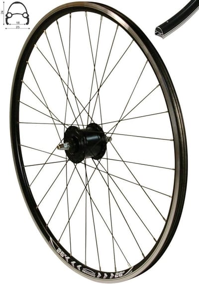 Voorwiel Fiets - Dynamo Wiel - Veilig Fietsen - Holle Velg Aluminium - 26 Inch - Zwart