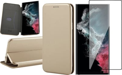 Hoesje geschikt voor Samsung Galaxy S22 Ultra - Book Case Kunstlederen Wallet Cover Minimalistisch Pasjeshouder Hoes Goud - PET Glasfolie Screenprotector