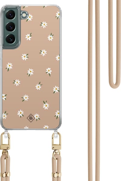 Casimoda® hoesje met koord - Geschikt voor Samsung S22 - Sweet Daisies - Afneembaar koord - TPU/polycarbonaat - Bruin/beige
