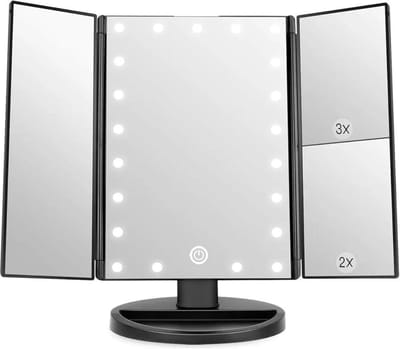 Make up spiegel met verlichting-Driedelige spiegel met 21 led-lampen-touchscreen-schakelaar-tafelspiegel met batterij en USB verkrijgbaar