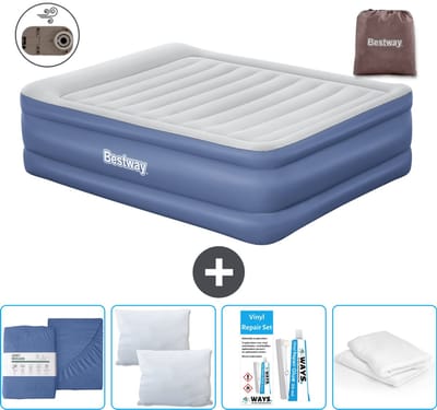 Bestway luchtbed - 2-Persoons - 152 x 203 x 61 cm - Grijs/Blauw - Inclusief pomp - Hoeslaken - Kussen - Kussenbeschermer en Reparatieset