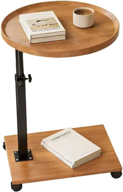 Bijzettafel met wieltjes - Verstelbare tafel - Flexibel gebruik - C-vormig design - 45-80 cm hoogte - Houtkleur