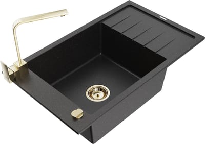 Mexen Elias granieten gootsteen met 1 bak en afdruiprek en keukenmengkraan Rita, zwart/zilver metallic - 6511-73-670300-50