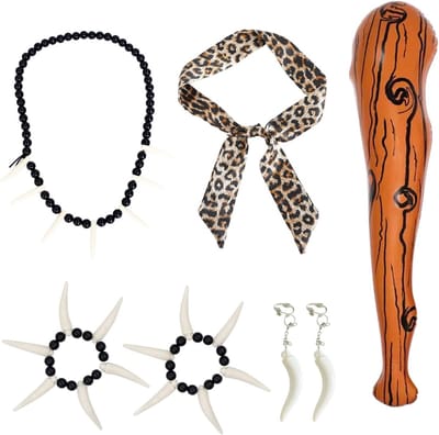 6-delige Wild Caveman Kostuums met Opblaasbare Houten Stok, Ivoren Halsketting, Armband, Luipaard Hoofdband en Oorbellen voor Prehistorische Halloween Feestjes