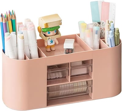 Famanu - Pennenhouder, opbergdoos, bureau-organizer, 10 vakken, grote capaciteit, dubbellaagse transparante lade, kan potloden, kleurpotloden, verschillende schrijfwaren bevatten, roze