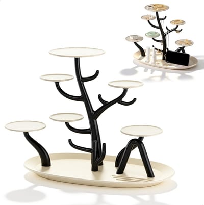 kettinghouder, kettinghouder in boomvorm, voor halsketting met dienblad voor ringen, oorbellen, horloges, armbanden, wit
