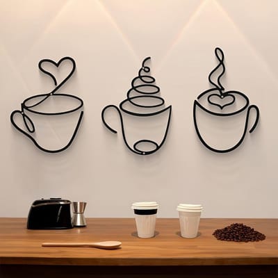KZQ Set Van 3 Zwarte Metalen Koffiekop Wanddecoratie Voor Keuken Cafe Kantoor IJzeren Kunstwerk Voor Thuisdecoratie Industriële Hangende Sculptuur Voor Koffieliefhebbers Zwart