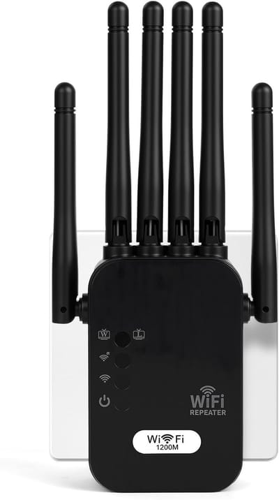 WiFi-repeater 1200 Mbps met 6 high-gain antennes – zwarte WiFi-extender/booster met ondersteuning voor repeater- en AP-modus, inclusief ingebouwde Ethernet-poort voor naadloze verbinding van alle WiFi-apparaten.