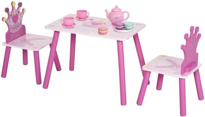 Innovastore Kinder Tafel en Stoeltjes Set - Hout - 3delige set - Prinsessenkroonpatroon - Kindermeubelset - 2 tot 4 jaar -Roze