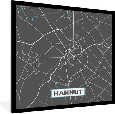 Fotolijst incl. Poster - België – Hannut – Stadskaart – Kaart – Blauw – Plattegrond - 40x40 cm - Posterlijst