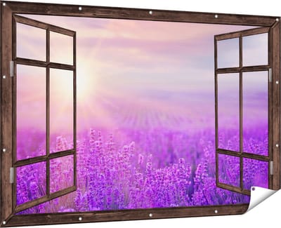 Gards Tuinposter Doorkijk Bloemenveld met Paarse Lavendel - 180x120 cm - Tuindoek - Tuindecoratie - Wanddecoratie buiten - Tuinschilderij