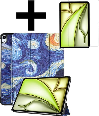 Hoes - Geschikt voor Apple iPad Air (2024/2025/2026) - 11 inch - Met Screenprotector - Trifold Bookcase - Hard Cover - Hardcover Book Case - Tablet Hoesje - Sterrenhemel