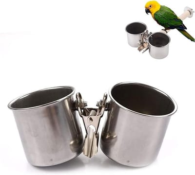 RVS Voer- en Waterbak voor Vogels met Clip - Ideaal voor Papegaaien, Parkieten en Kanaries