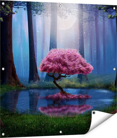 Gards Tuinposter Roze Boom op een Vijver in de Nacht - 90x90 cm - Tuindoek - Tuindecoratie - Wanddecoratie buiten - Tuinschilderij