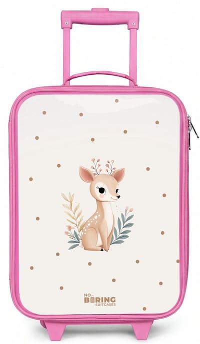 NoBoringSuitcases.com® - Kinderkoffer roze - Kindertrolley meisje - Hertje met planten in een veld vol stippen - Koffer kind lichtgewicht - Reiskoffer trolley voor kinderen - Koffertje met lichtgevende wieltjes - Rolkoffer