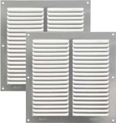 AMIG Ventilatierooster/muurrooster - 2x - 200 x 200mm - aluminium - zilver - schoepenrooster