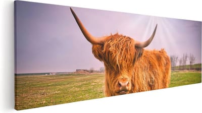 Artaza Canvas Schilderij Hooglander - 60x20 cm - Wanddecoratie Gewei - Muurdecoratie Woonkamer - Kamer Accessoires