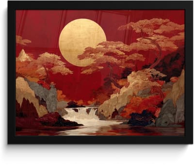 Poster in lijst - Fotolijst 40x30 cm - Posters - Volle maan - Landschap - Waterval - Posterlijst zwart - Decoratie - Wanddecoratie woonkamer - Muurdecoratie slaapkamer