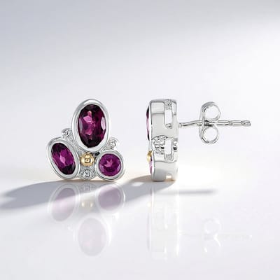 Cavill - Zilveren Oorbellen met Rhodoliet 1,75 ct - 925 Sterling Zilver - 14K Geelgoud Accenten - Paarse Ovale en Ronde Clip Oorbellen