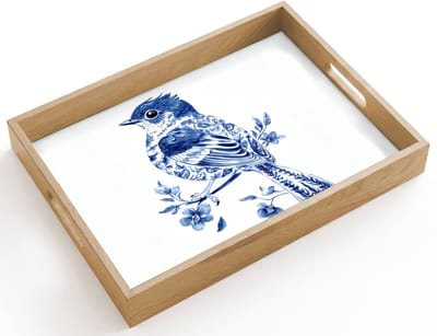Dienblad hout 40x30 cm - Schootdienblad - Vogel - Delfts blauw - Illustratie - Bloemen - Borrelplank rechthoek - Plateau dienbladen