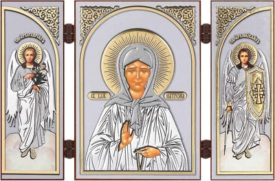 Houten Reisaltaar Iconen Triptych Heilige Matrona - Christelijke Iconografie