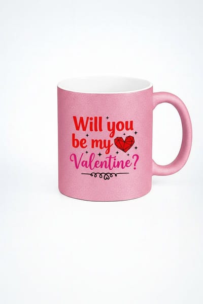 Roze Glitter Mok 'Will you be my Valentine?' - Valentijnsdag Cadeau