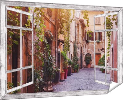 Gards Tuinposter Doorkijk Straatje in Rome met Groene Planten - 180x120 cm - Tuindoek - Tuindecoratie - Wanddecoratie buiten - Tuinschilderij