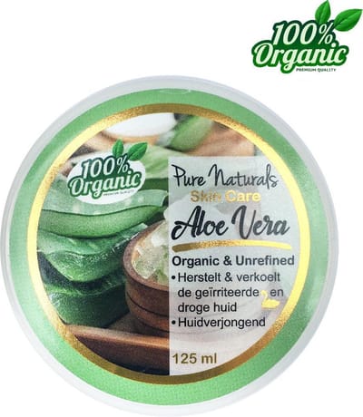 Aloë Vera gel 125 ml - 100% puur - Biologisch - Voor de verbranden huid - Kalmerende Gel bij Roodheid en huidirritatie - Bij luier uitslag - Geschikt voor de baby huid -  Pure Naturals