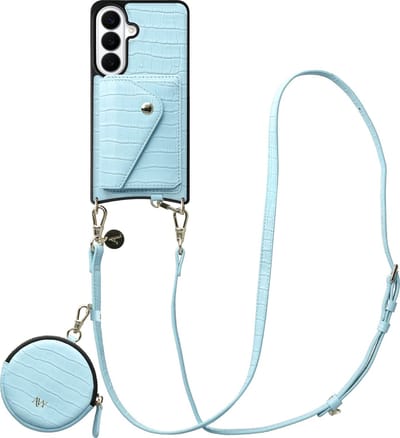 AVY Leren Hoesje geschikt voor Samsung Galaxy S26 | Met Koord, Wallet en Pouch | Compatibel met MagSafe | Leather Case met 130CM Koord | Long Leather | Croco Blauw