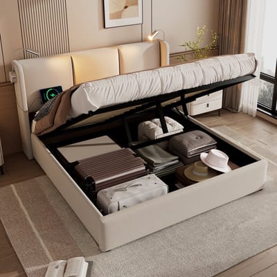 DESMIU Gestoffeerd Bed 140x200cm - Bed met Leeslamp En USB Oplaadfunctie - Hoofdbord Met Opbergruimte - Ideaal Voor Slaapkamer - Linnen - Beige - Zonder Matras