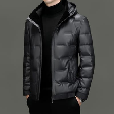 Winter Echtleren Jas, Grote Maat Heren Donsjack met Capuchon, Schapenvachtleren Donsjack, Papa Casual Leren Jas 6XL