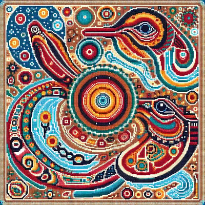 Pixel art aboriginal schilderij | Geometrische eerbetuiging aan de traditionele Aboriginal kunst en cultuur | Kunst - 30x30 centimeter op Dibond | Foto op Dibond