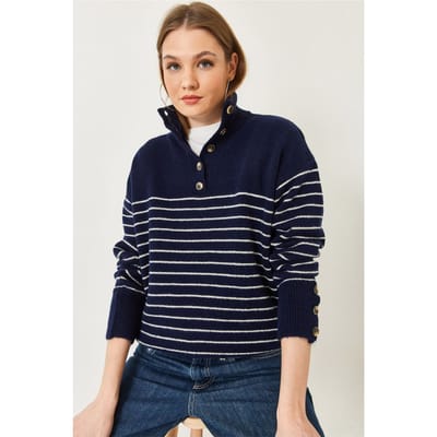 Knitted Trui met Gestreepte Kraag en Knopen