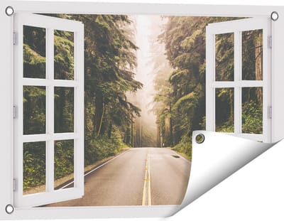 Gards Tuinposter Doorkijk Highway in Californië Omring met Bos - 60x40 cm - Tuindoek - Tuindecoratie - Wanddecoratie buiten - Tuinschilderij