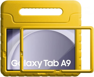 HappyCase Candy+ Kinder Hoes Geschikt voor Samsung Galaxy Tab A11 / Tab A9 | Tablethoes met Ingebouwde Screenprotector | Kindvriendelijk | Beschermhoes | Handvat en Standaard | Kinderhoes | Geel