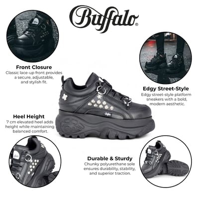 Buffalo Dames Zwarte Studded Chunky Platform Fashion Sneakers - 1339-14-PUNK