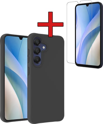 Hoesje - Met Screenprotector - Geschikt voor Samsung Galaxy A15 - Sterk & Shockproof - Telefoon Hoes - Back Cover - Siliconen Case - Telefoonhoes - Zwart