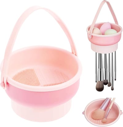 Multifunctionele 3-in-1 Silikon Borstelhouder en Reinigingsmat voor Make-up, Spons en Poederkwasten, Roze
