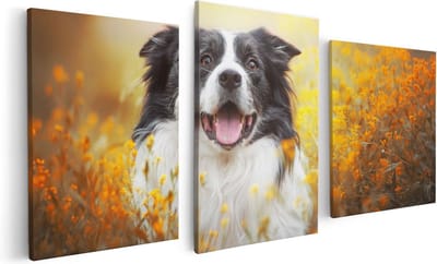 Artaza Canvas Schilderij Drieluik Blije Hond Tussen De Bloemen - 120x60 - Foto Op Canvas - Canvas Print
