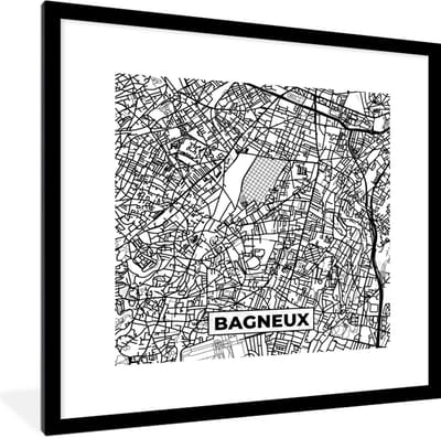 Fotolijst incl. Poster Zwart Wit- Kaart - Plattegrond - Frankrijk - Stadskaart - Bagneux - Zwart wit - 40x40 cm - Posterlijst