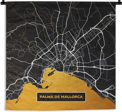 Wandkleed - Wanddoek - Mallorca - Stadskaart - Plattegrond - Goud - Kaart - 180x180 cm - Wandtapijt