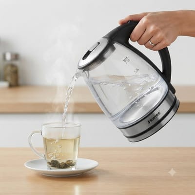 Iswiss -SK1029- Waterkoker Zwart - Glazen Waterkoker met LED-verlichting, 360° basis & tot 2.0 Liter capaciteit, automatische kookstop & droogkookbeveiliging - Camping Waterkoker