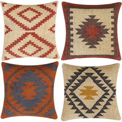 Boho Handgemaakte Kussensloop Jute Wol Kussen Vintage Indiase Tribale Sierkussen Voor Bank Bed Stoel Woonkamer Decoratie Set Van 4 Linen 40*40(CM)-4Pcs