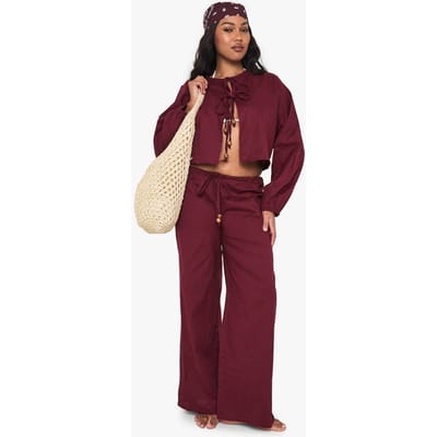 boohoo Dames Plus Houten Kralen Linnen Strand Co-ord | Burgundy | Maat: 20-22