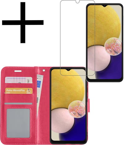 Hoesje - Met Screenprotector - Geschikt voor Samsung Galaxy A13 4G - Luxe Pasjeshouder - Bookcase Portemonee - Flip Case - Kunstleer Book Case - Flipcase - Book Cover - Walletcase - Portemonneehoes - Donkerroze